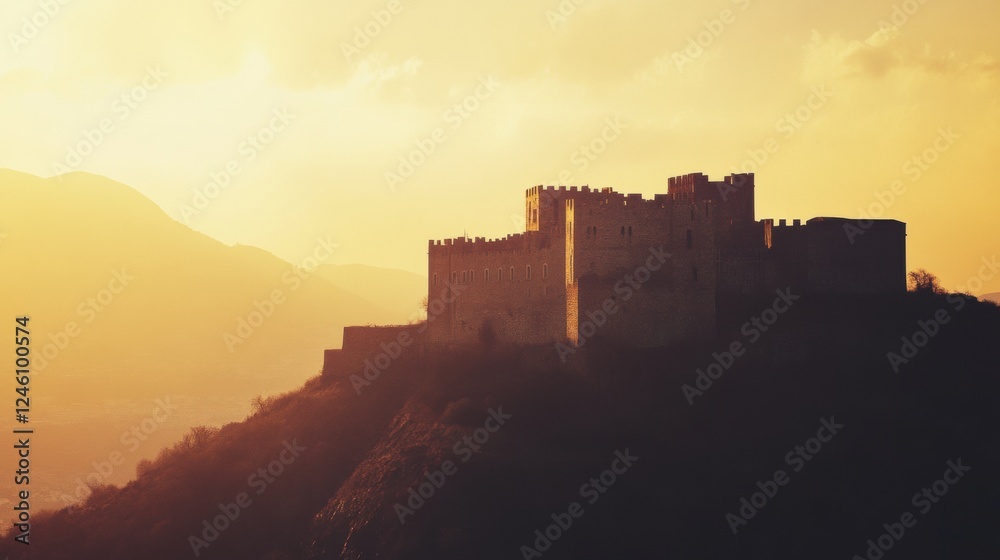 Fototapeta premium Minimalist view of an ancient castle perched on a hilltop during sunset with open space for text above. Generative AI