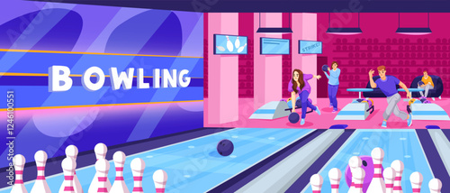 People enjoying bowling in a vibrant alley, pins and balls in action, with a colorful interior. Recreation and activity concept. Vector illustration