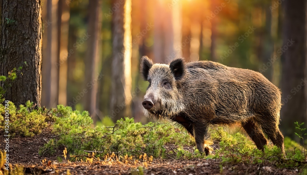 Striking Wild Boar Roaming Through a Dense Forest Backdrop at Sunset, Capturing the Rugged Beauty and Rich Textures of a Wilderness Scene Striking Wild Boar Roaming Through a Dense Forest Backdrop at Sunset, Capturing the Rugged Beauty and Rich Textures of a Wilderness Scene