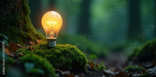 Moss-covered bulb glowing softly in forest light, ecofriendly, bioluminescent, solarization photo