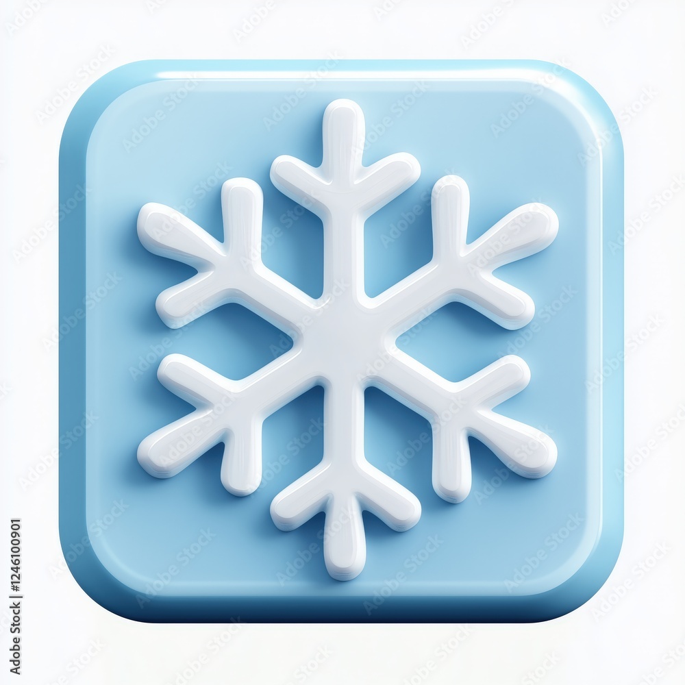 3D snowflake icon with a glossy blue background represents winter or cold weather themes in digital design. 3D snowflake icon with a glossy blue background represents winter or cold weather themes in digital design.