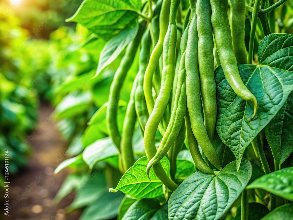 Macro Photography: Vibrant Green Bean Plant with Ripe Pods in Home Garden Macro Photography: Vibrant Green Bean Plant with Ripe Pods in Home Garden