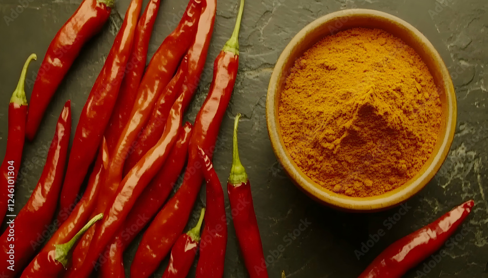Aromatic red chili peppers and their vibrant, ground powder. A visually appealing image perfect for culinary or spice-related projects. Aromatic red chili peppers and their vibrant, ground powder. A visually appealing image perfect for culinary or spice-related projects.