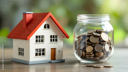 Model house beside a coin jar represents real estate investment and mortgage planning photo