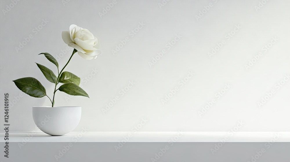 A minimalistic scene with a white rose on a white background, creating subtle contrast and copy space. A minimalistic scene with a white rose on a white background, creating subtle contrast and copy space.