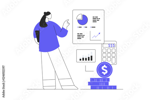 Financial data analysis, analytics, calculation concept. Woman Character analyzes graphs, charts, dashboard, counting money. Flat Cartoon Vector Illustration, icon. Stylish abstract 