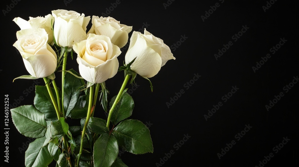 A minimalist image of a white rose bouquet against a black background, emphasizing copy space. A minimalist image of a white rose bouquet against a black background, emphasizing copy space.