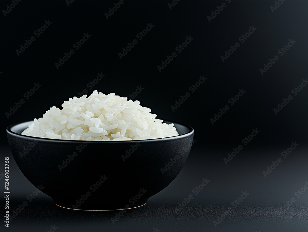 bowl of white rice on black background, showcasing simplicity and elegance. contrast highlights texture and color of rice, creating visually appealing image bowl of white rice on black background, showcasing simplicity and elegance. contrast highlights texture and color of rice, creating visually appealing image