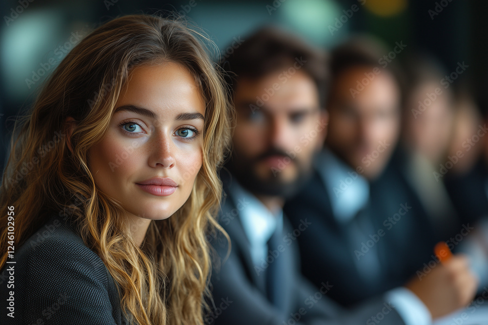 A group of business executives taking notes during a strategy meeting. Bright lighting, contrast