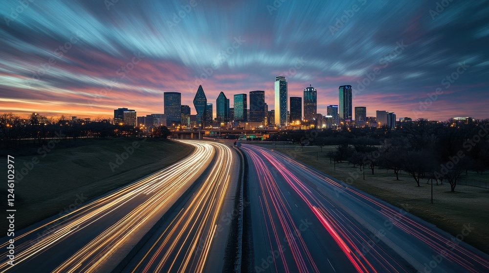 Obraz premium Sleek highway with city skyline in the background illuminated in the style of dynamic light trails and motion blur Generative AI