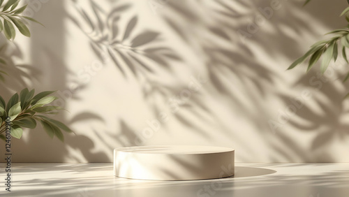 Stone podium with leaf shadows, ideal for luxury skincare and cosmetics photo