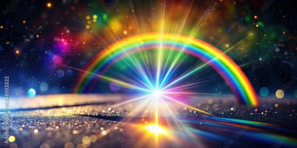 Obraz premium Rainbow Sun Flare Light Effect: Sparkling Iridescent Glare on Black Background