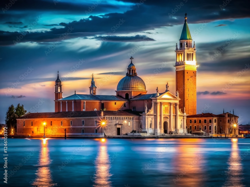 Venice San Giorgio Maggiore Church Night View, Low Light Italian Architecture, Veneto, Basino San Marco Venice San Giorgio Maggiore Church Night View, Low Light Italian Architecture, Veneto, Basino San Marco