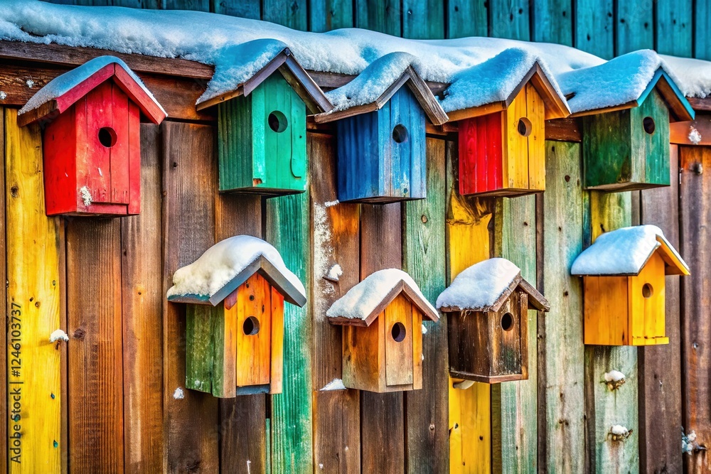 Rustic Birdhouses Under Snowy Cedar Shed Roof - Winter Wildlife Rustic Birdhouses Under Snowy Cedar Shed Roof - Winter Wildlife
