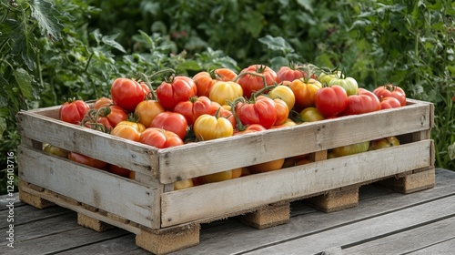 Freshly Harvested Tomatoes in Wooden Crate photo