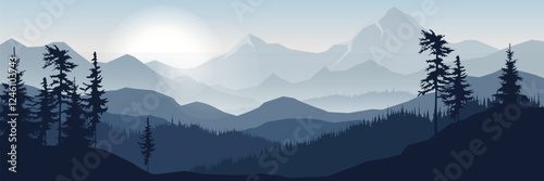 Silhouetted mountain landscape with pine trees and a glowing sun in a layered design. Nature scenery in soft blue tones. Vector illustration