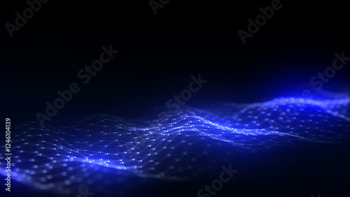 Dark hexagon wave of particles and lines with glitch effect. Big data visualization. Abstract background with a dynamic wave. 3d rendering.