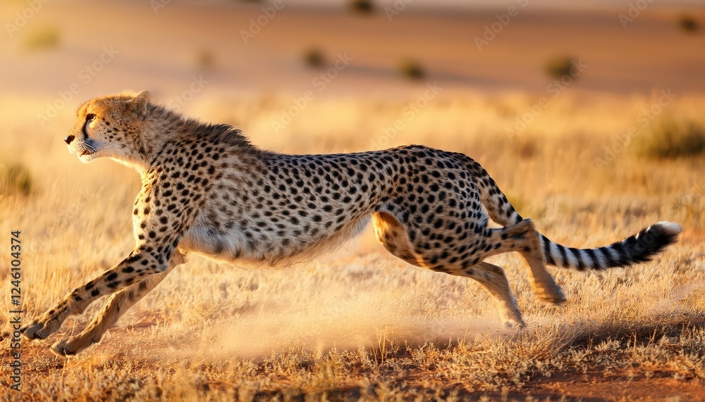 Powerful Wild Cheetah in Slow Motion Side View, Capturing the Agility and Majesty of Natures Swift Hunter against the African Savannahs Vast Plains Powerful Wild Cheetah in Slow Motion Side View, Capturing the Agility and Majesty of Natures Swift Hunter against the African Savannahs Vast Plains