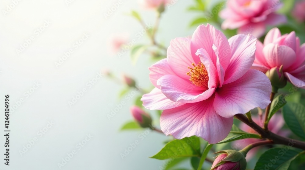 Delicate Pink Blossoms in Soft Sunlight A Botanical Close-Up Featuring Gentle Petals and Lush Greenery Delicate Pink Blossoms in Soft Sunlight A Botanical Close-Up Featuring Gentle Petals and Lush Greenery