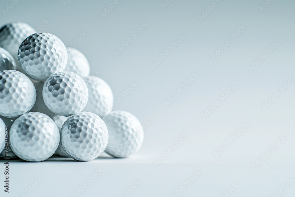 White golf balls arranged in pyramid shape on light background, creating clean and minimalistic look. Perfect for sports and leisure themes White golf balls arranged in pyramid shape on light background, creating clean and minimalistic look. Perfect for sports and leisure themes