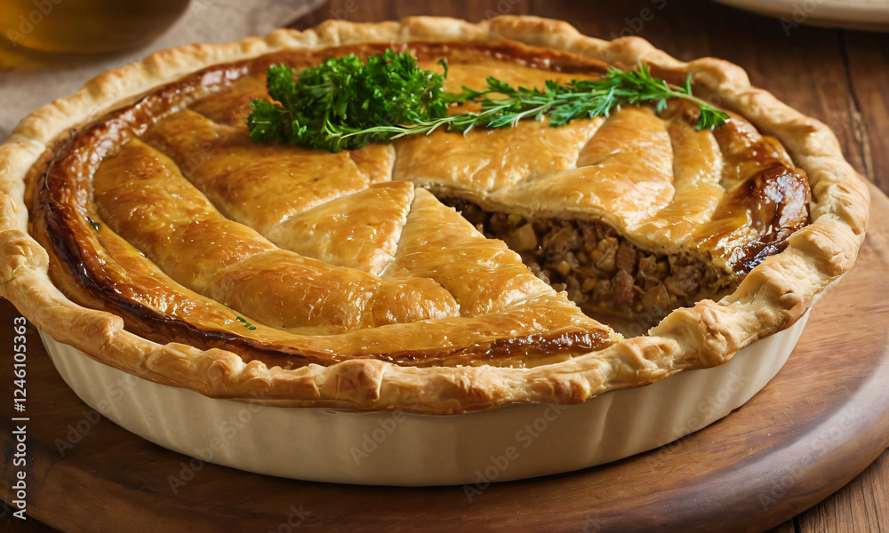 Savory Meat Pie with Golden Crust and Fresh Herbs Savory Meat Pie with Golden Crust and Fresh Herbs