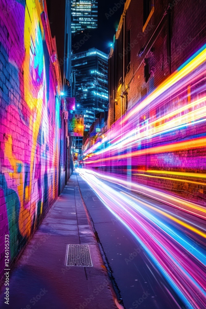 Fototapeta premium Neon city alley light trails, urban graffiti art, night scene, website background