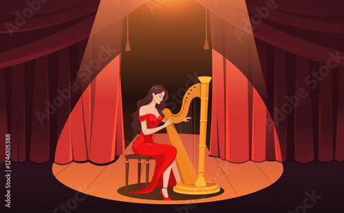 Woman in red dress playing harp on stage under spotlight with red curtains, performance concept. Vector illustration
