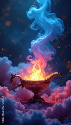 Genie rises from lamp amidst swirling smoke and clouds, genie, vapour
