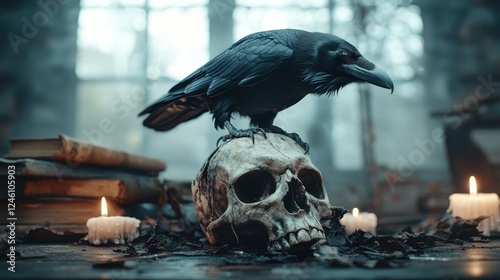 A raven perches on a skull atop a rustic table, surrounded by the soft glow of candles, creating a haunting atmosphere filled with intrigue and a nod to the macabre. photo