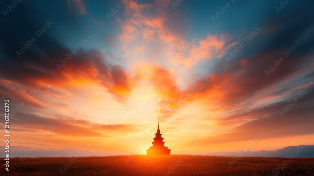 An enchanting dusk sky filled with radiant colors framing a temple silhouette, representing a moment of tranquility and wonder in the heart of nature. An enchanting dusk sky filled with radiant colors framing a temple silhouette, representing a moment of tranquility and wonder in the heart of nature.
