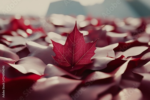 Single red maple leaf among many, autumn scene, shallow depth of field, nature background, fall design photo