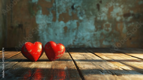 Two red hearts on vintage rustic wooden table and romantic light with background