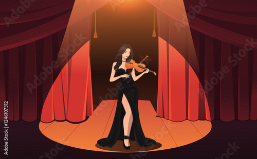 Woman in black dress playing violin on stage, spotlight highlighting, surrounded by red curtains, concept of music performance. Vector illustration