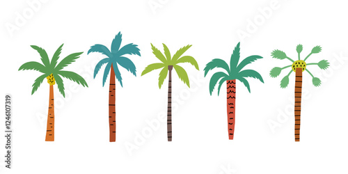 Funky Palm Tree Cartoon Set. Tropical Coconut Plant Graphic Collection. Flat Vector Illustration