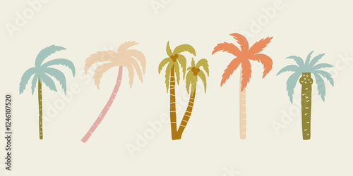 Tropical Simple Palm Tree Boho Set. Bohemian Palm Monstera Leaf Graphic Collection. Handdrawn vector illustration