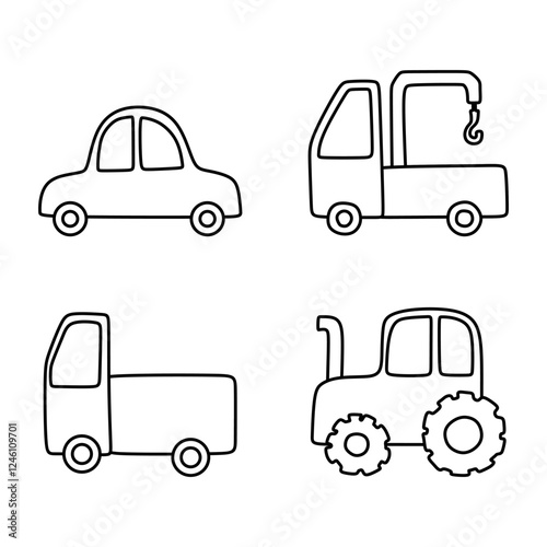 Coloring book for kids. Simple vector images of car, truck, truck with crane, tractor