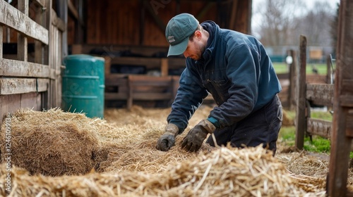 Dedicated Farmer Tending to Hay in Rural Barn photo