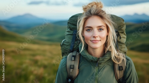 A cheerful woman in a green jacket poses with a backpack against the backdrop of stunning mountain scenery, capturing the essence of adventure and exploration in nature. photo