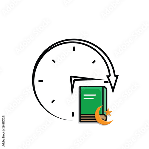 Ramadan icon. vector clock with Islamic religious scriptures on a white background. reading the Koran, time to recite the Koran, study. Mixed design style