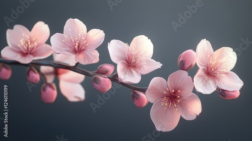 Realistic Vector Illustration of Blooming Sakura Branch with Pink Flowers