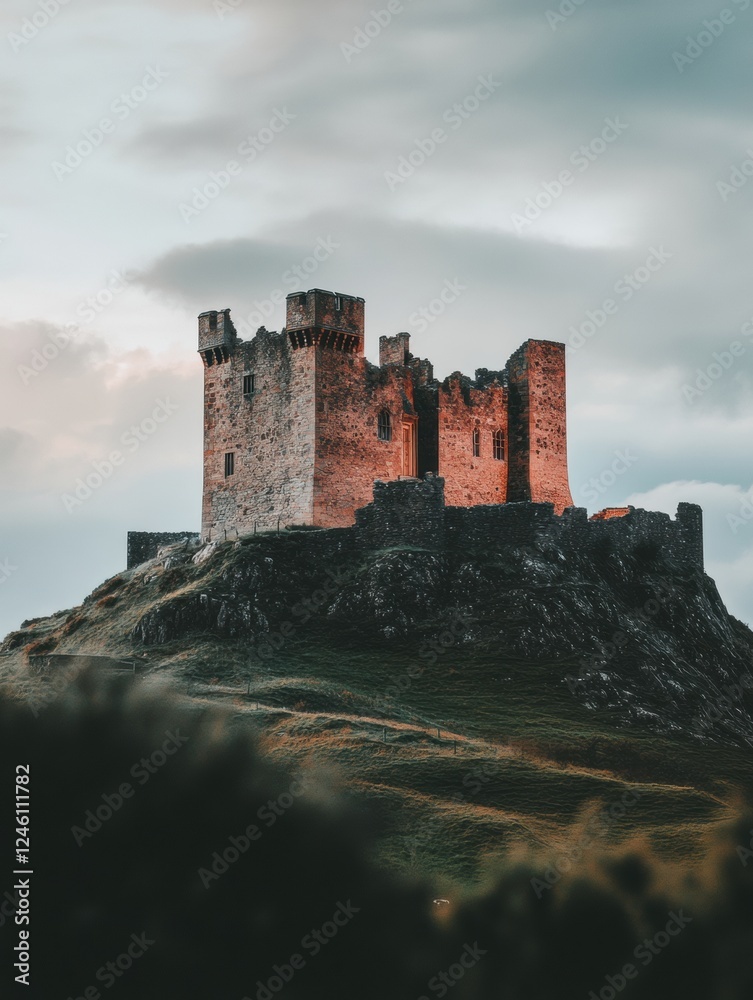 Fototapeta premium Minimalist landscape with ancient castle perched on hilltop against cloudy sky highlighting timeless architecture and serene nature. Generative AI