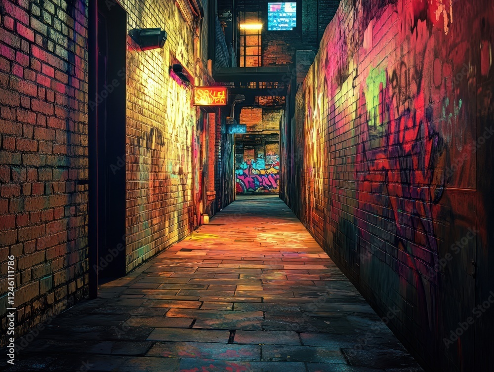 Fototapeta premium Night alleyway graffiti urban city background