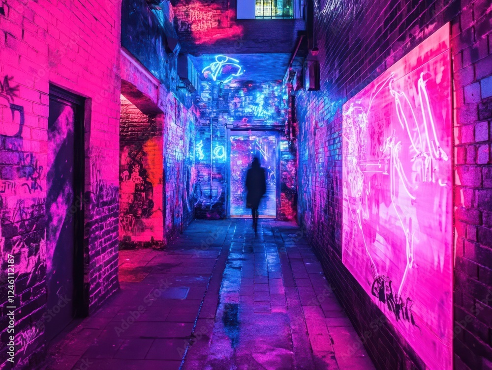 Neon alleyway, person walking, graffiti art, night, urban exploration, website banner