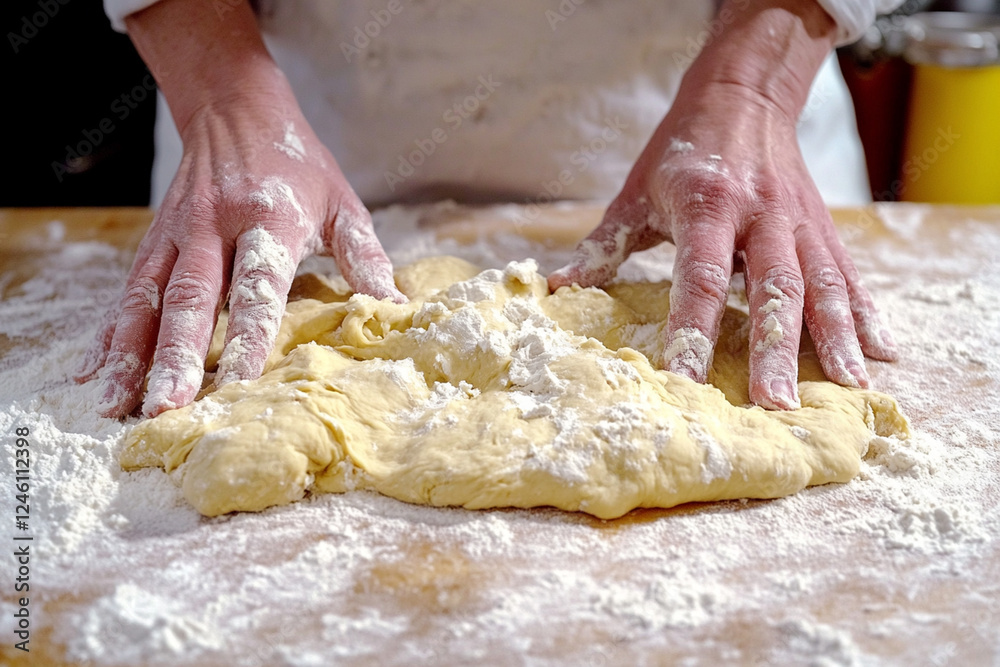Baker's hands knead the dough on a floured table