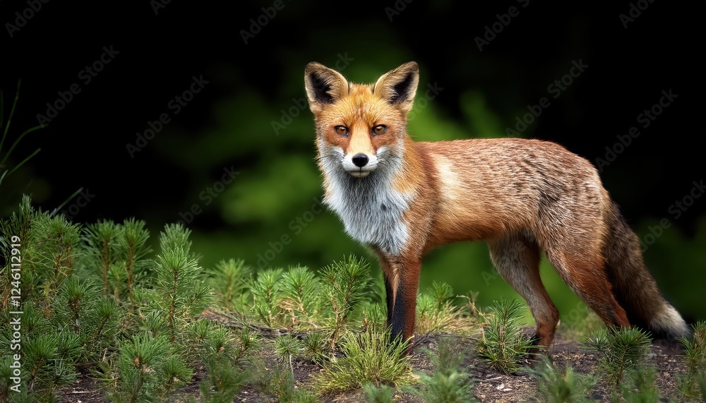 Fototapeta premium Vibrant Red Fox Gazing Intently Amongst Summers Black, Brown, and Green Palette, Captured in a Moment of Wild Majesty