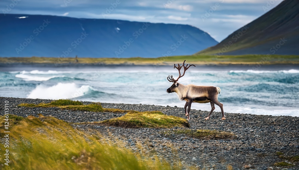 Naklejka premium Wild Reindeer Roaming the Frosty Icelandic Coastline, Framed by the Majestic Cliffs and Dramatic Winter Skies, Capturing a Scene of Serene Beauty and Wildlife in the Land of Fire and Ice.