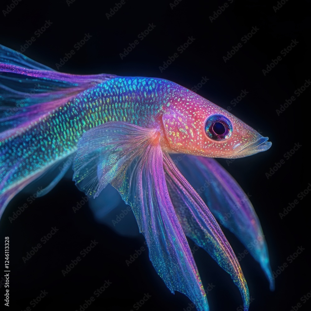 Fototapeta premium Vibrant Colorful Fish with Ethereal Fins Swimming in Dark Waters