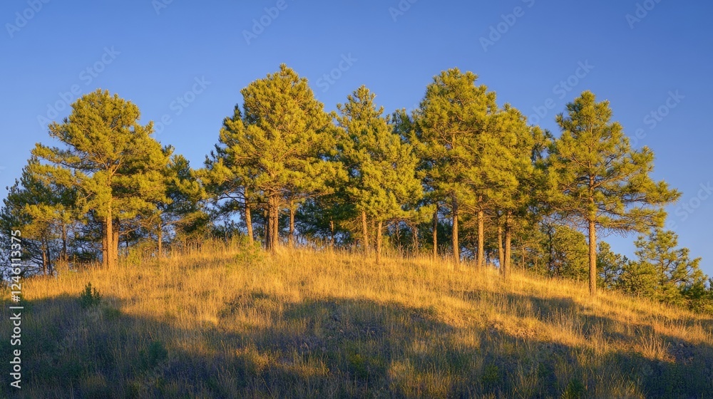 Majestic pines on a hill bathed in piercing sunrays in the early morning Majestic pines on a hill bathed in piercing sunrays in the early morning