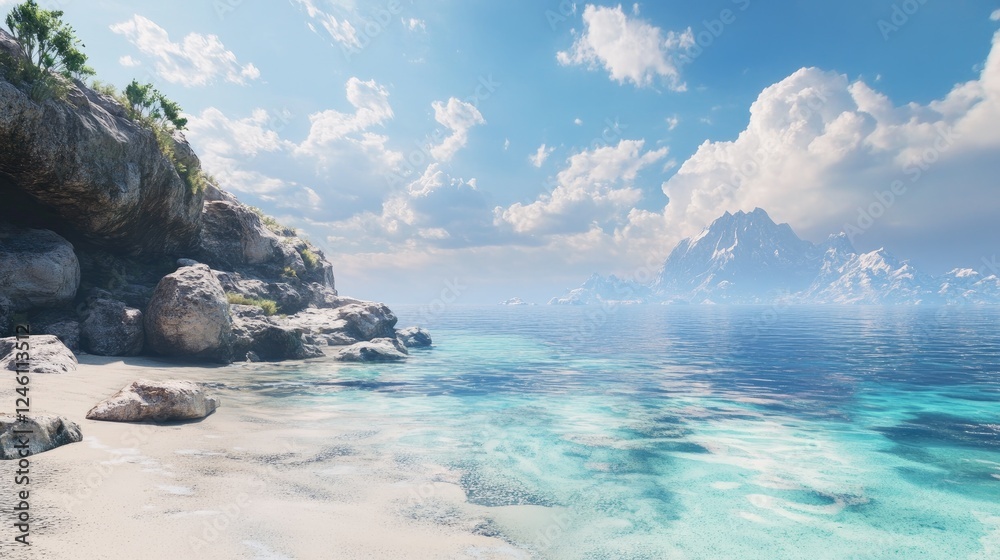 Fototapeta premium Idyllic Coastal Scene with Crystal Clear Water and Distant Snow-Capped Mountains