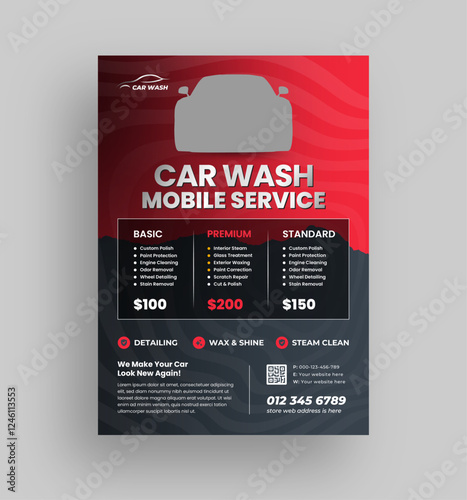 Car wash detailing price list flyer. Professional auto cleaning business advertising template with service packages and contact details.